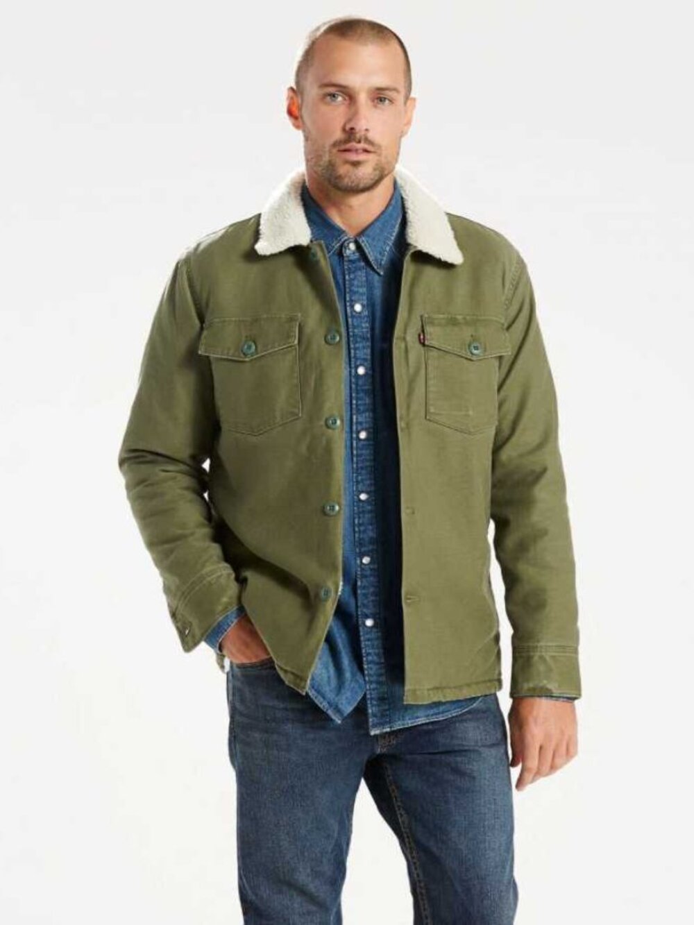 New S men's Levi's sherpa military shirt jacket in Olive Night